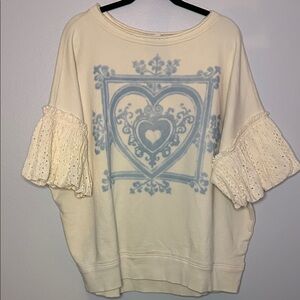 Free People Cream and Blue Heart Sweater with Eyelet Sleeves